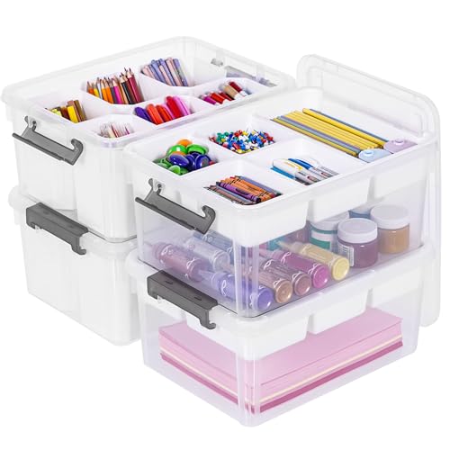 Citylife 17 QT Plastic Storage Box with Removable Tray and 6 Detachable Tall Inserts Craft Organizers and Storage Clear Storage Container for Organizing Crayon, Craft, Sewing, Playdoh, 4 Packs - size: 17 Qt- 4 Pack- W