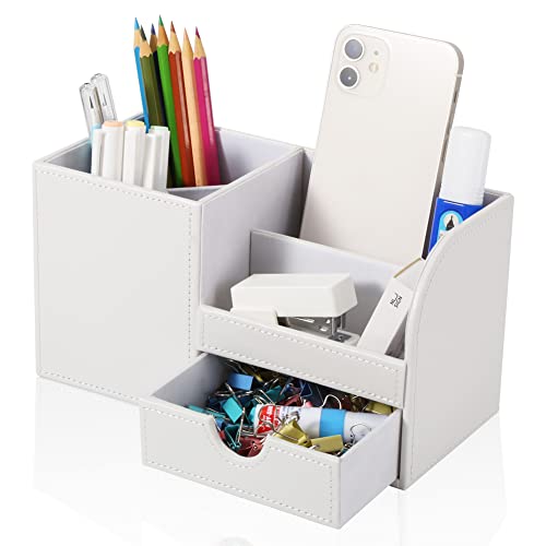 KINGFOM Desk Organizer Office Supplies Caddy Pu Leather Multi-function Storage Box Pen/Pencil,Cell phone, Business Name Cards Remote Control Holder with Small Drawer White - color: White
