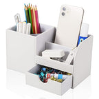 KINGFOM Desk Organizer Office Supplies Caddy Pu Leather Multi-function Storage Box Pen/Pencil,Cell phone, Business Name Cards Remote Control Holder with Small Drawer White - color: White