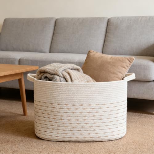 96L Large Blanket Basket,24"x16"x15"Rectangle Storage Bin with Handles,Woven Rope Laundry Basket for Toys, Clothes,Magazines,Home Organization,Nursery,Living Room & Bedroom,White&Yellow - color: White & Yellow, size: 24"x16"x15"(96L)
