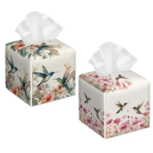 Colorful Hummingbird Floral Tissue Box Cover Square Leather Napkin Holder Facial Paper Case Decorative Tissues Cover for Home Kitchen Dining Bathroom Office, 2 Pcs - color: Colorful Hummingbird Floral