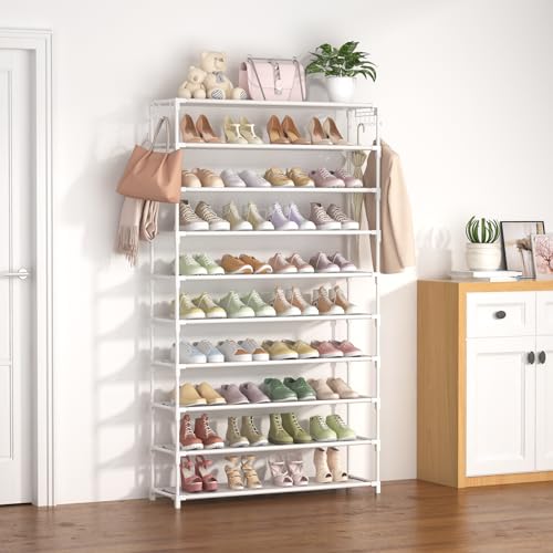 LANTEFUL 10 Tiers Shoe Rack 50 Pairs Large Capacity Tall Shoe Organizer Sturdy Shoe Storage with Two Hooks Space Saving Metal Wide Shoe Rack for Closet, Entryway, Bedroom, White - color: White, size: 10 Tier-61.2" High-34" Wide