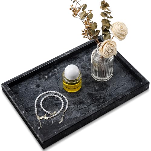 Real Natural Marble Tray for Bathroom, Vanity, Kitchen and Desktop, Rectangle Genuine Marble Stone Tray for Jewelry, Cosmetics, Candles, Lotion, Perfume and Home Decor Black - color: Gray, size: 12" x 8" x 1.2"