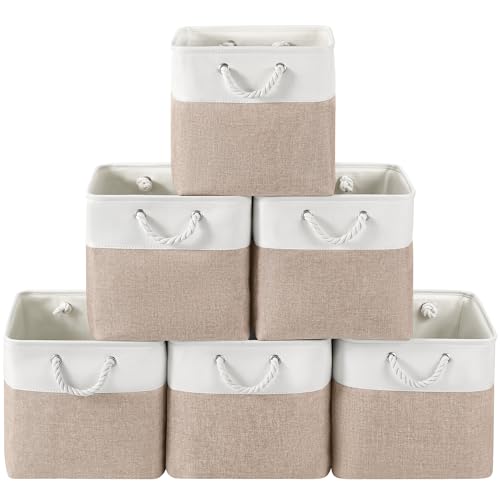 13 x 13 Inch Cube Storage Bins, 6 Pack Fabric Storage Basket with Handles, Foldable Boxes Organizer for Shelf Baskets for Home, Clothes (White/Khaki) - color: WhiteKhaki, size: 13inX13inX13in-6P