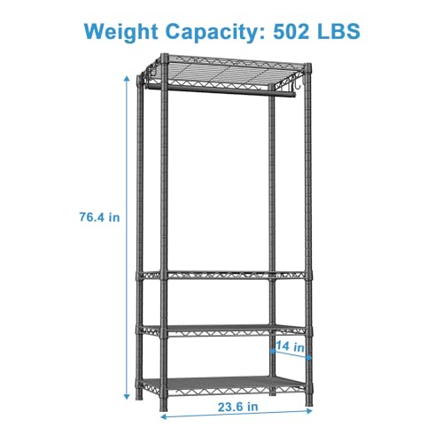 Ulif H4 Mini Portable Closet, 4 Tiers Freestanding Clothing Garment Rack for Small Space, Metal Clothes Wardrobe System for Bedroom, 23.6" W x 14" D x 76.4" H, Load 502 lbs, Black - color: Black, size: H4 Mini