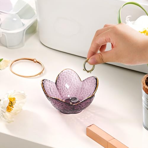 Purple Flower Jewelry Dish Glass Ring Holder Dish Jewelry Tray Cute Vanity Organizer Aesthetic Nightstand Bathroom Room Decor Trinket Dish Mothers Day Friendship Christmas Birthday Gifts for Women - color: Flower Purple