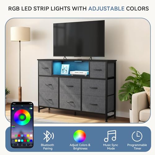 Simple Deluxe TV Stand Dresser with 8 Fabric Drawers and Open Shelves, Entertainment Center with LED Lights & Charging Station, Wood Top for 45" -55" TV, for Bedroom/Living Room/Hallway, Grey - color: Grey, size: 47.24"D x 11.81"W x 31.5"H (8 Drawers)