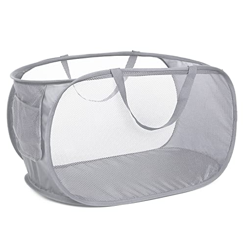 Durable Collapsible Laundry Baskets, Mesh Pop Up Laundry Hamper with Side Pocket, Foldable Clothes Storage Hamper with Reinforced Carry Handles for Laundry, Bathroom, Kids Room, Dorm or Travel Grey - color: Gray