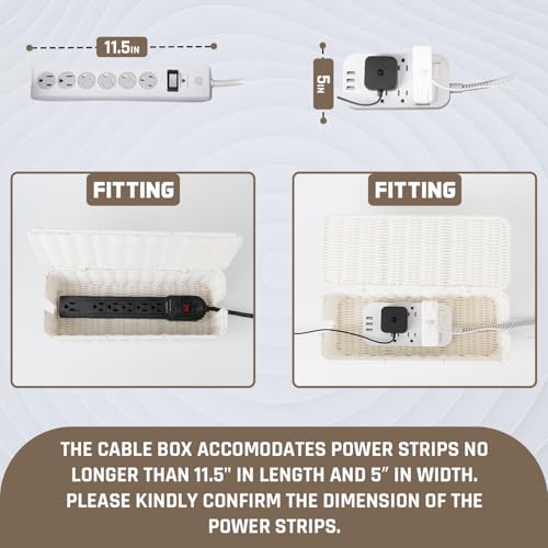 Cable Management Box, Handmade Rattan Cable Organizer with 2 Open Slots, Cord Hider for Power Strip, Router & USB Hub, Registered U.S. Design Patent (D1,112,102), 13" x 5.1" x 5.1", White - color: White, style: Rectangle