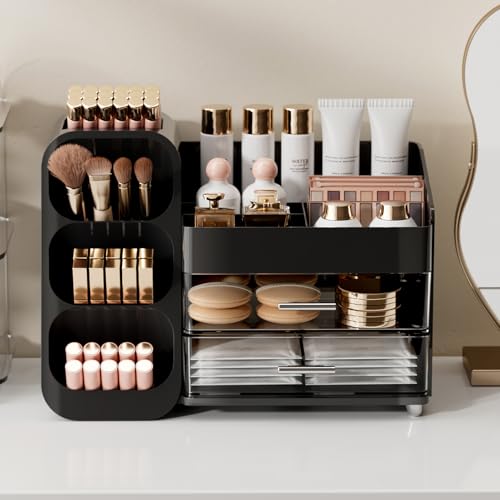 Makeup Organizer for Vanity with Brush Holder, Large Plastic Bathroom Countertop Skincare Organizer with 2 Drawers, Spacious Cosmetic Display Case for Perfumes, Eyeshadow Palettes, Nail Polishes - color: Black, size: Large