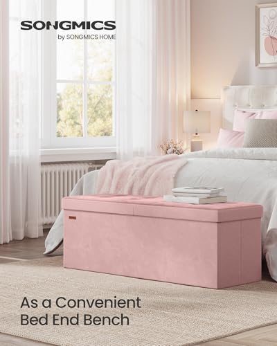 SONGMICS Mazie Collection - 43 Inches Storage Ottoman, Foldable Storage Bench with Flipping Lid, 660 lb Load Capacity, for Entryway, Living Room, Bedroom, Velvet Fabric, Jelly Pink ULSF078SA01 - color: Jelly Pink, size: 15"D x 43"W x 15"H