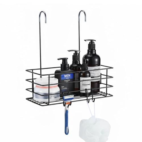 Shower Caddy Hanging Shower Orangizer Stainless Steel Shower Rack with Hooks Over The Door, Shampoo Basket Storage (Black) - color: Black, size: 1-Tier