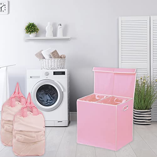 Simple Houseware Double Laundry Hamper with Lid and Removable Bags, Pink - color: Pink