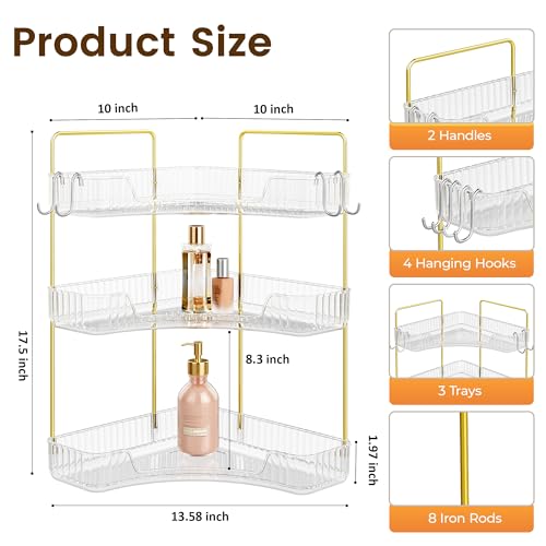 Corner Bathroom Counter Organizer 3-Tier Bathroom Organizer Countertop with Hooks Perfume Organizers Storage Shelf for Makeup & Skincare Dresser-Clear - color: Clear, size: 3 Tier