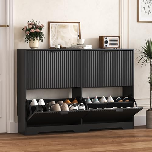 HUANLEGO Shoe Cabinet Storage for Entryway with 4 Flip Drawers, Black Fluted Shoe Cabinet with Adjustable Shelves, Wooden Hidden Shoe Rack Freestanding Narrow Slim Shoes Storage for Hallway, Entrance - color: Black, size: 4 Drawer without Bench