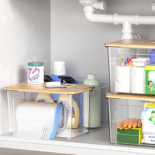 iCASA Trash Bag Dispenser Under Sink Organizer, 2-in-1 Acrylic Trash Bags Holder with Bamboo Lid, Holds Large Rolls up to 100 Count, Garbage Bag Storage Container for Kitchen, Pantry, Laundry Room - size: 2 in 1