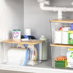 iCASA Trash Bag Dispenser Under Sink Organizer, 2-in-1 Acrylic Trash Bags Holder with Bamboo Lid, Holds Large Rolls up to 100 Count, Garbage Bag Storage Container for Kitchen, Pantry, Laundry Room - size: 2 in 1