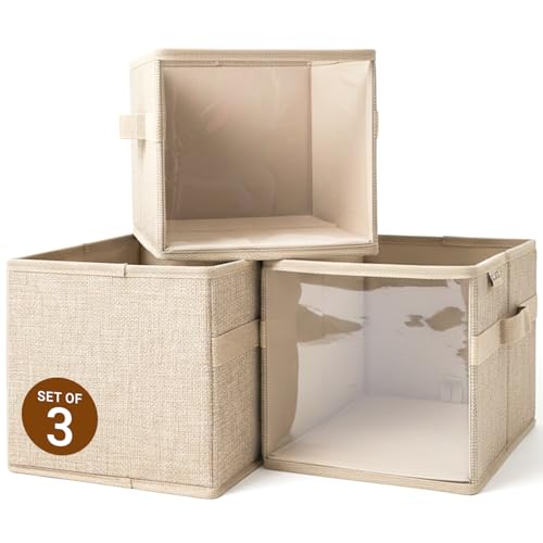 3-Pack Clear Front Storage Bins – Foldable Cube Organizers with PVC Window & Polyester Linen, Handles for Closet Shelves Nursery Toy Storage – 8×12×8 Inch (20×30×20 cm), Brown