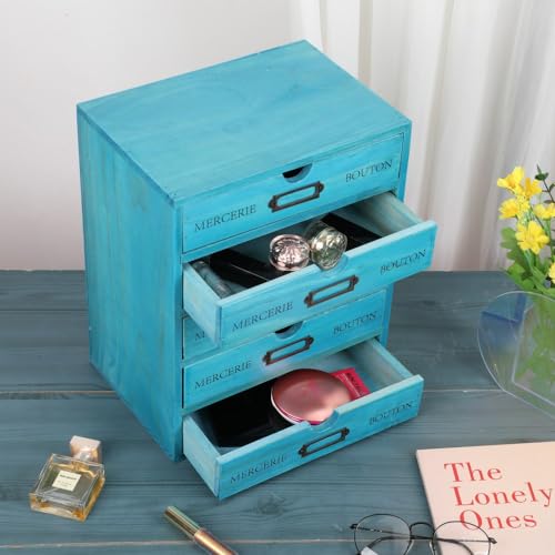 Wooden Storage Box with 5 Drawers Apothecary Drawers Vintage Wooden Drawers Wood Desktop Organizer with Drawer Library Card Catalog Cabinet Apothecary Cabinet （BLUE） - color: BLUE05