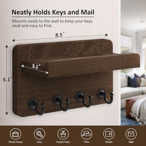 Nekon Key Holder Wall Mount, 8.5 Inch Small Home Decor Wooden Wall Organizer with 4 Hooks and Shelf, Key and Mail Holder for Living Room Entryway Kitchen (Brown) - color: Brown