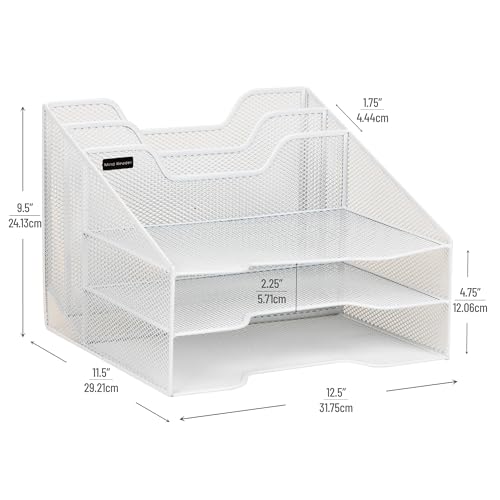 Mind Reader Metal Mesh Desktop File Organizer, 3-Tier Paper Tray with 5 Compartments, Office Mail Sorter, White - color: White