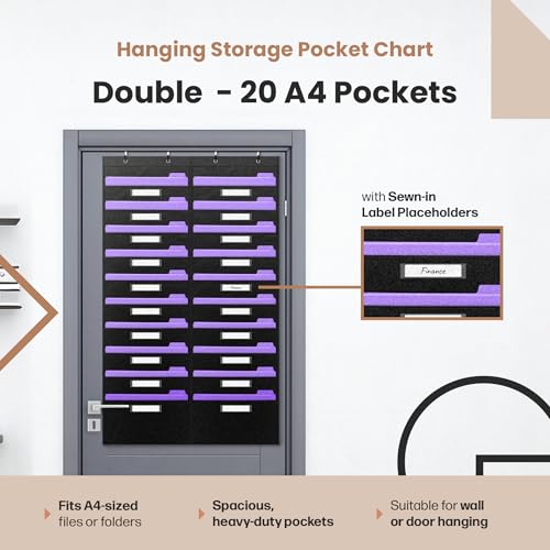 Hippo Creation Heavy Duty Storage Pocket Chart for Classroom, 20 Pocket Storage Organizer with 4 Over-Door Hangers, Hanging Wall Organizer for File Folders, School Mailbox, Home Office Papers - Black - color: Black - (20 Name Tag Pockets)