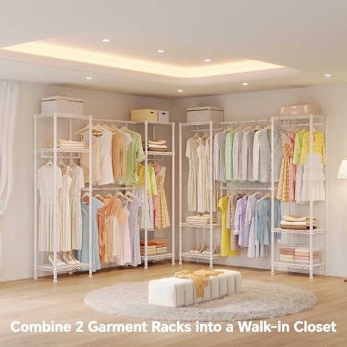 Higeego H10 Expandable Clothes Rack Clothing Rack for Hanging Clothes, Heavy Duty Garment Rack, Freestanding Wardrobe Closet Organizer with Hanger Rods, Extendable from 4.6 to 5.1 ft, White - color: White, style: 3 Row