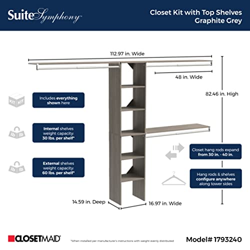 ClosetMaid SuiteSymphony Wood Closet Organizer Kit with Tower, 3 Hang Rods, Top Shelves, Adjustable, Fits Spaces 5-9 ft. Wide, Graphite Grey - color: Graphite Grey, style: Closet Organizer w/Shelves