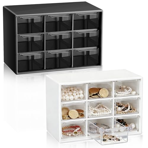 Wenqik 2 Pcs Mini Storage Drawers Teacher Toolbox Organizer with 9 Clear Drawers Small Plastic Desktop Teacher Desk Craft Organizer for Classroom Office 7" x 3. 9" x 4. 7" (Black, White) - color: Black, White