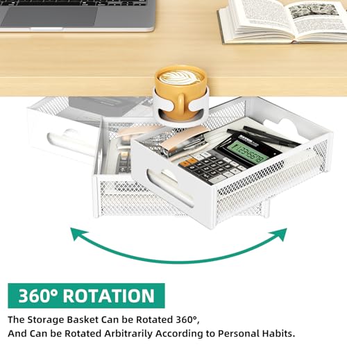 CABTE Desk Cup Holder with Drawer Organizer, Anti-Spill Clip-On Table Cup Hook with 360° Rotation Hidden Storage Box for Office Home Gaming Table (White) - color: White