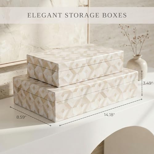ZICOTO Decorative Storage Boxes with Lids - Set of 2 Beautiful Organizer Bins for Your Bookshelf Home Decor - Safely Store Photos, Documents and Memory Box Keepsakes on Your Shelves in Style - color: Beige
