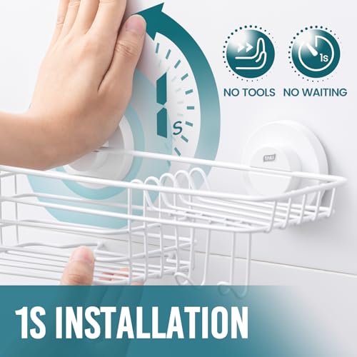TAILI Shower Caddy Suction Cup with Hooks & Soap Holder, Heavy Duty Bathroom Shower Organizer, No Drilling Shelves for Inside Bathroom, Metal Storage Basket - style: 1 × White