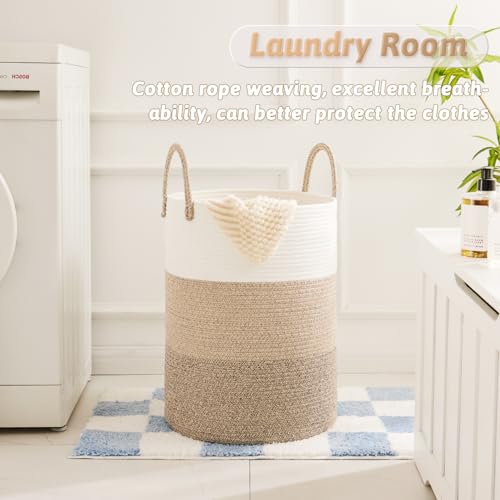 Artfeel Laundry Basket,Woven Cotton Rope Laundry Hamper,80L for Decorative Storage of Dirty Clothes,Toys and Blankets in Bathroom,Bedroom and Living Room - color: Brown & White, size: 80L