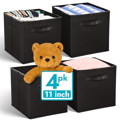 Reli. 11 Inch Cube Storage Bins (4 Pack) | Cube Organizer Bins | 11x11 Fabric Storage Boxes | Collapsible, Foldable Fabric Cubby Box (Square) | Kids Room Organization (Black)