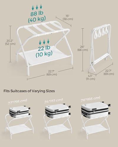SONGMICS Luggage Racks, Set of 2, Suitcase Stand with Fabric Storage Shelf, for Guest Room, Bedroom, Hotel, Foldable, Holds up to 110 lb, 27.2 x 15 x 20.5 Inches, Cloud White RLR002W02 - color: Cloud White, style: with Shelf