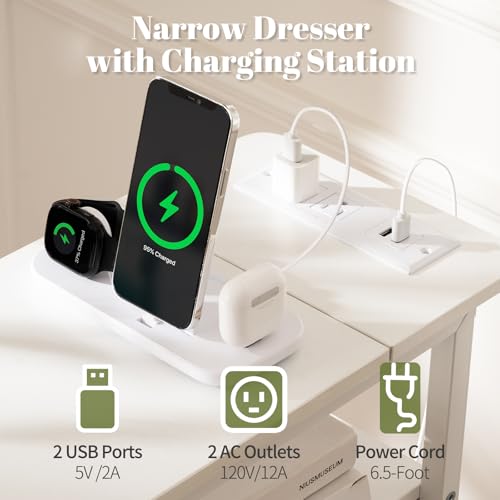 Yoobure LED Narrow Nightstand with Charging Station - Slim Dresser for Bedroom Narrow Side Table Storage Cabinet, Small Dressers Chest of Drawers, Tall Night Stand End Table for Small Spaces, White - color: White