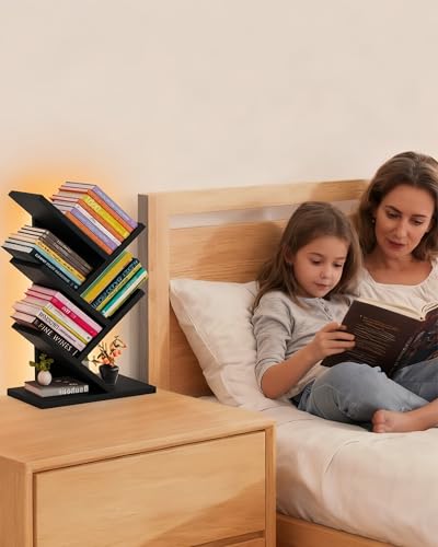Godferyxin Tree Bookshelf with Liting,Small Bookshelf LED and Desktop Book Shelf Light for Office, Home or School Mini Bookcase for Wood Displaying Books, CDs, Magazines Wood Shelf Rack - color: 5tier-bookshelf Liting Black