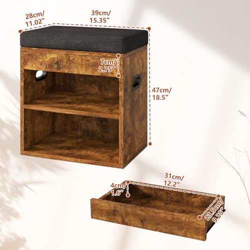 YMYNY Small Shoe Storage Bench with Cushion and Drawer, 2 Tier Adjustable Entryway Bench with Storage, Wooden Shoe Rack Bench for Entryway, Living Room, Hallway, Closet, Bedroom, Rustic Brown, HSC002H - color: Rustic Brown