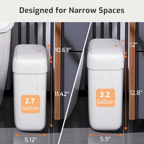 MOPALL 2 Pack Small Bathroom Trash Can with Lid, 3.2 Gallon / 11.5 L & 2.6 Gallon / 10 L Waste Basket with Pop-Up Lid, Slim Plastic Garbage Bin Dog Proof for Kitchen, Bedroom, Office, Toilet, White - size: 3.2 Gallon & 2.6 Gallon