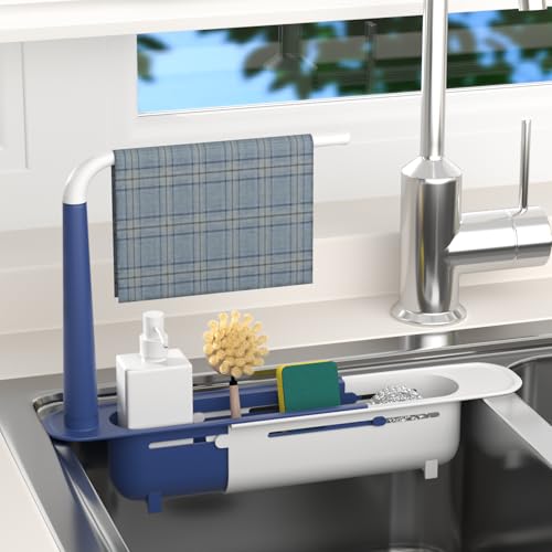 Telescopic Sink Storage Rack with 2 Sponge - Sink Caddy Sponge Holder for kitchen sink(Blue) - color: Blue