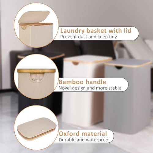 iEGrow 65L Slim Laundry Hamper, Narrow Laundry Basket with Lid,Foldable Clothes Hamper with Bamboo Handles,Hamper Basket with Removable Inner Bag for Laundry Room Bedroom College Dorm,Oatmeal - color: Oatmeal, size: 65L
