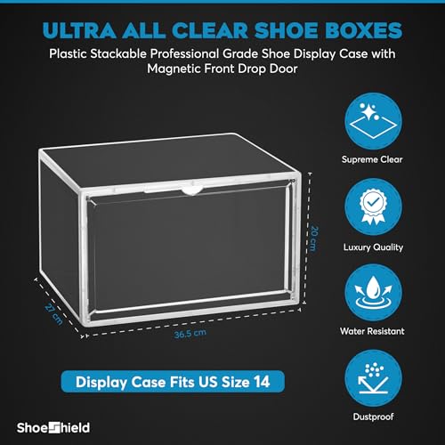 Ultra All Clear Shoe Boxes Plastic Stackable Professional Grade Shoe Display Case with Magnetic Side Drop Door Open Easy Assembly Modern Shoe Sneaker Display Case Fits US Size 14