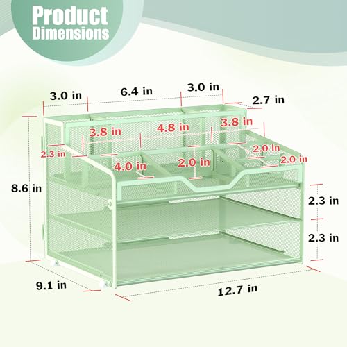 Docnest 3 Tier Mesh Desk Organizer for Paper Office Supplies – Multi-Functional Letter Tray with 5 Adjustable Compartments, 3 Pen Holders, Desktop Storage for Files, Mail, Stationery – Green - color: Green, size: 12.7" x 9.1" x 8.6"