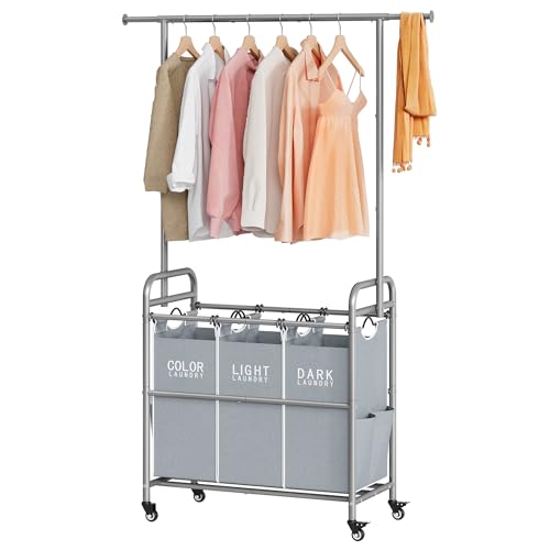 Tajsoon Laundry Sorter with Hanging Bar, 3 Section Rolling Laundry Hamper with Heavy Duty Lockable Wheels, Laundry Basket with Hanging Rack for Bedroom, 3 Gray - color: Gray, size: 3 bag