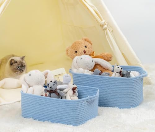 CubesLand Cute and Durable Small Cotton Rope Basket for Organizing, Woven Closet Storage Bin,Shelves Closet Storage Basket, Bathroom Storage Organizer Bin, Nursery Toy Basket Bin, Blue Basket - color: Blue, size: 14''x10''x5''