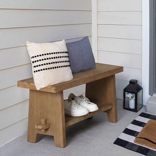 HOKYHOKY Solid Wood Entryway Bench - 31.5" Farmhouse Small Storage Bench, Rustic Narrow Bench Seat for Indoor, Entryway, Dining Room, Living Room and Hallway, Brown - size: 31.5"
