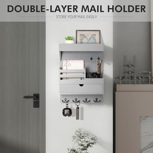 Rebee Vision Wooden Key Holder Wall Mount with Drawer Organizer – Modern Mail and Key Organizer for Wall Featuring 6 Robust Hooks & a Floating Shelf – Trendy Home Decor Solution (Gray) - color: Gray, style: Large Drawer