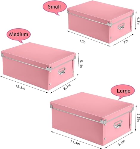 XUCHUN Storage Box with Lid 3 Pack, Collapsible Plastic Storage Bins with Lids, Stackable Foldable Keepsake Box for Photos Office Bedroom, 3 Sizes - Pink - color: Pink