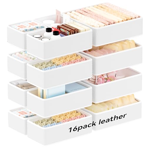 Vegan Leather Drawer Organizers,16 Pack Makeup Storage boxes,Vanity Drawer Luxury upgrade,Bedroom fabric Drawers replacement,bathroom organization and storage Optimal solution - color: beige, size: 16 pack