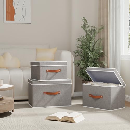 Storage Baskets with Lids and Double Handles, Linen Foldable Storage Bins, 17.7 x 11.8 x 11.8 Inch Closet Organizer Boxes for Laundry Bedroom, Grey, 3-Pack - color: Grey, size: 17.7x11.8x11.8in(3-Pack)